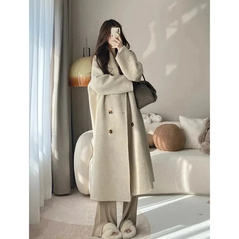 

Woolen Coat Womens 2024 New Fashion Slim All-match Thick Warm Winter Jacket Female Over Knee Long Double-breasted Ouerwear