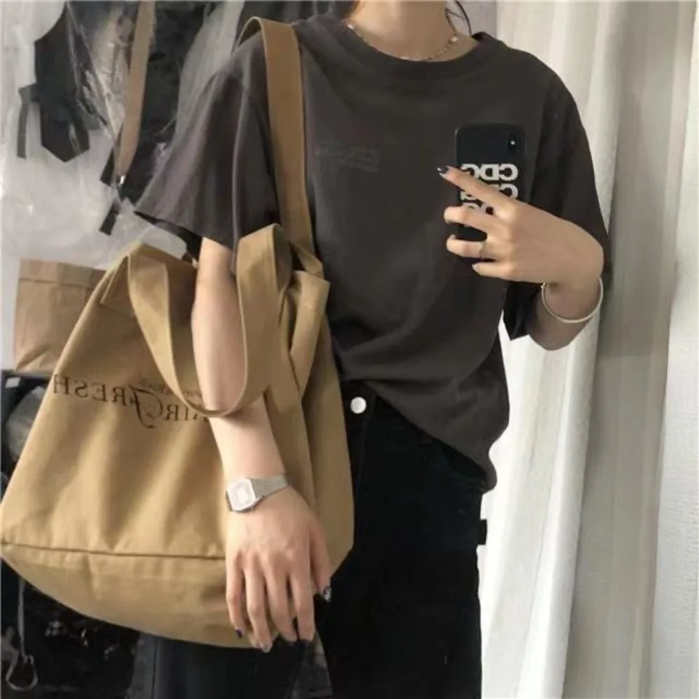 Korean Retro Printed Bag Large Capacity Canvas Bag for Women Hand Bag Shoulder Bag Minimalist Versatile Tote Bag