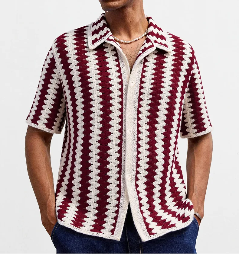 

Летняя мужская свободная рубашка с коротким рукавом, вязаная крючком, в полоску, с кубинским воротником, универсальный топ с вырезами, машинная стирка, базовый стиль