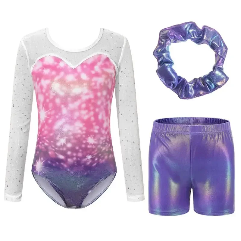 

Kids Girls Ballet Dance Leotard Long Sleeved Dancewear Clothing Gymnastics Workout Outfits Stage Costumes With Shorts Hair Band