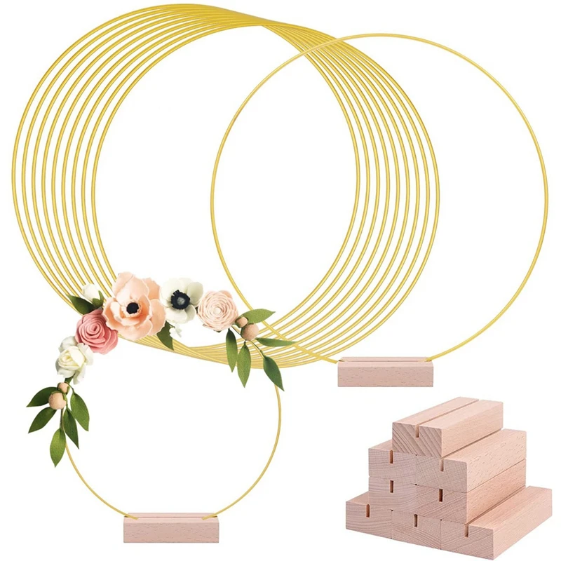 

12 Inch Gold Metal Floral Hoop Garland Table Decoration For Wedding With Wood Card Holders Metal Wreath Flower Garland