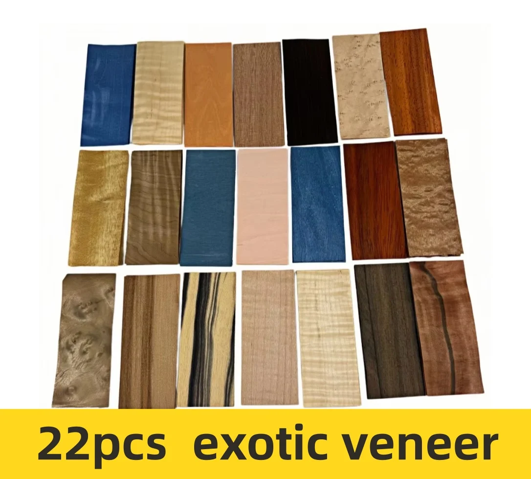 

22PCS/PACK Fingerboard & marquetry veneers, exotic & dyed, with vibrant flat colors and highly figured grains. 0.5mm, 12x5cm