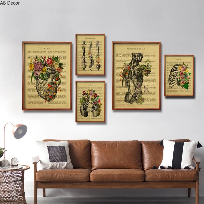 Pósteres de anatomía de corazón humano/pulmón/treso/cerebrum con flores y descripción, impresiones Retro, decoración médica para el hogar, pintura