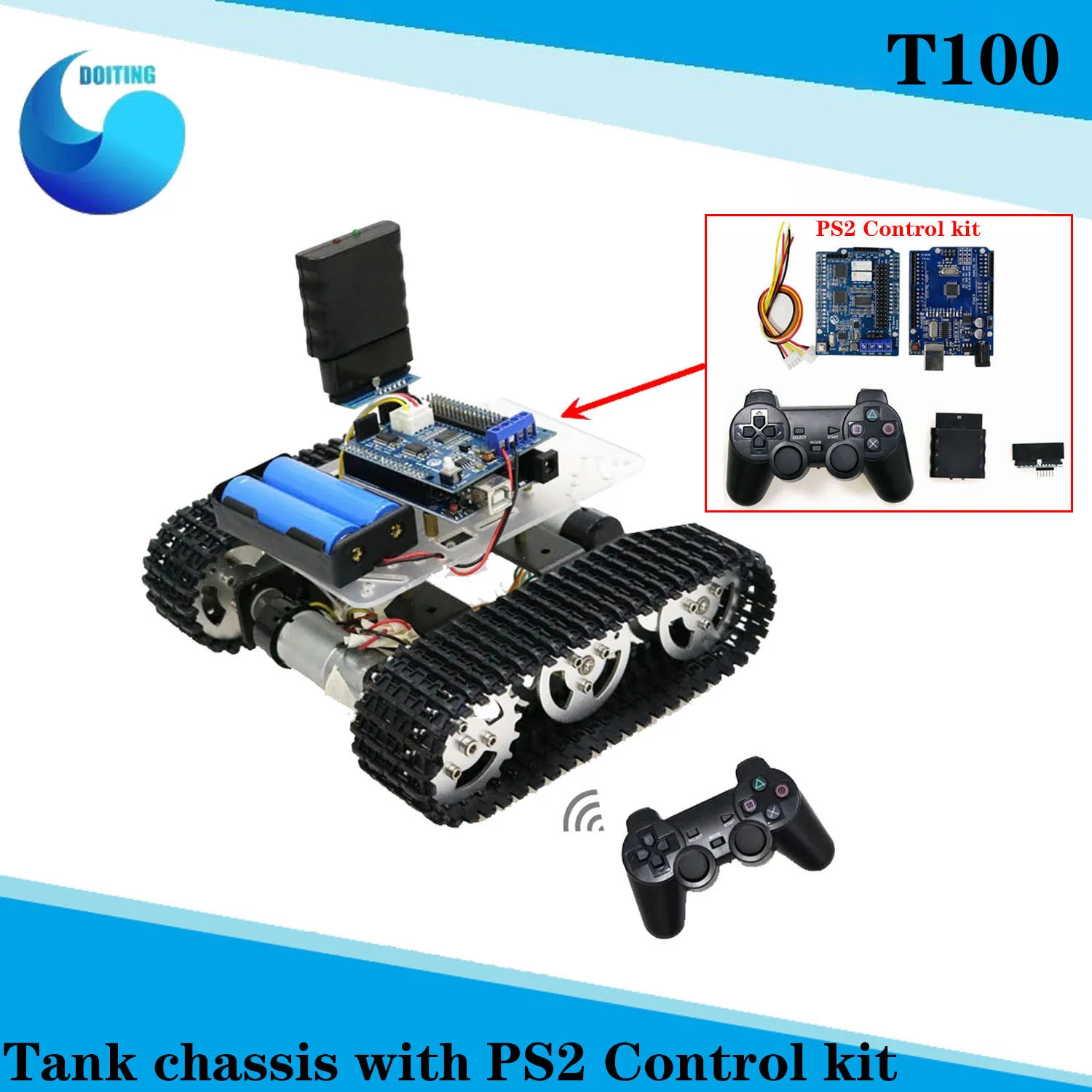 

Handle/Bluetooth/WiFi RC Control Mini T100 Robot Tank Chassis Car Kit for Arduino with Control Road Motor Driver Board, WiFi