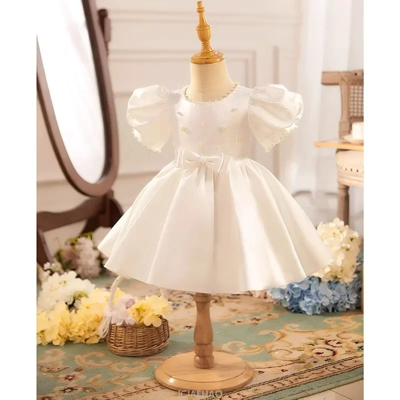 Children's dresses Party Kids White Satin Girls Birthday Princess Dress Flower Children Piano Host Recital Competition Outfit