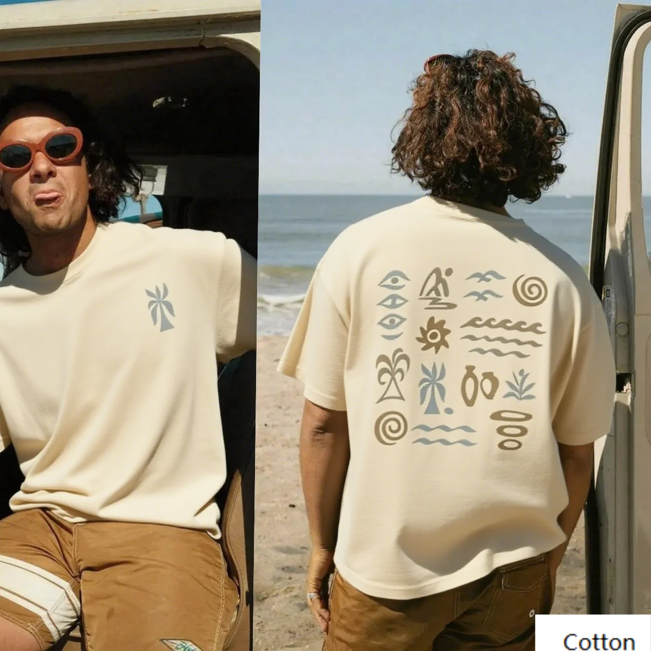 

Хлопковая футболка с морским символом и пальмовым дизайном для индивидуальной одежды в пляжную моду и непринужденных стилей. Захват эссенции.