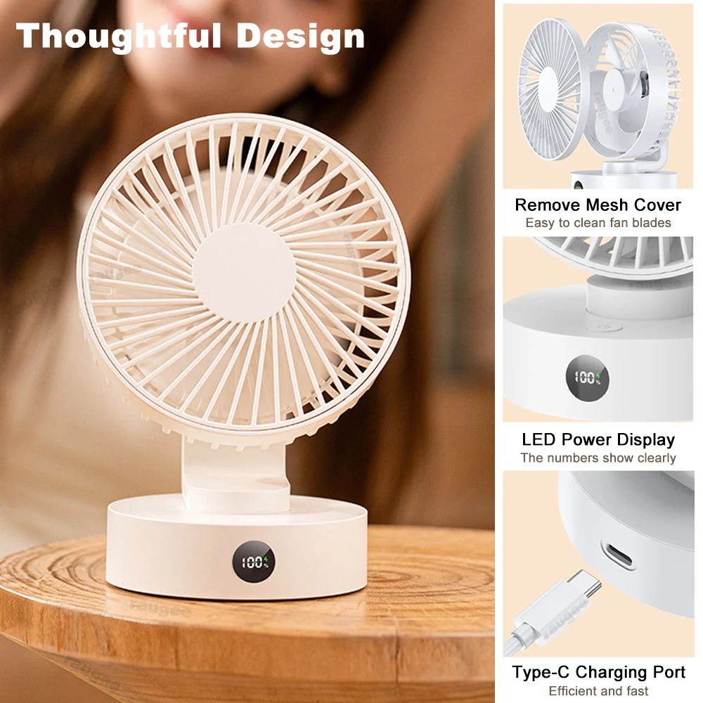 Desk Fan Portable Wireless Desktop Fan USB Rechargeable Table Fan Adjustable Angle Strong Small Electric Fan for Home 5 Speeds