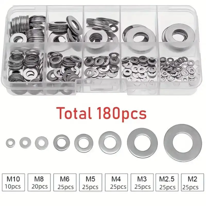 180PCS Stainless Steel Flat Washers M2-M10 Assorted Sizes with Storage Box O-Ring Fasteners Polished Surface for Installation