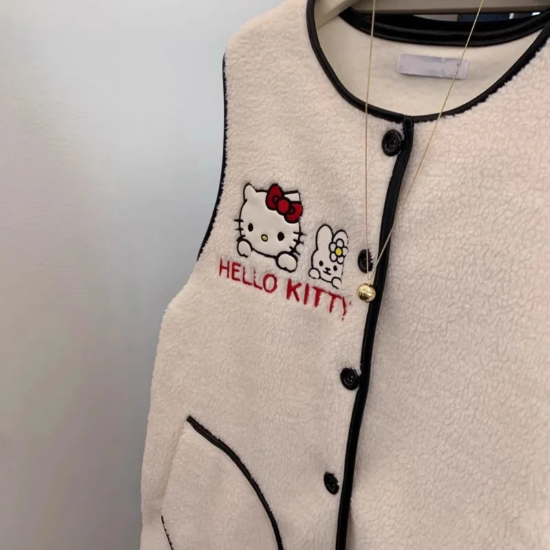 Hello Kitty Sleeveless Faux Shearling Vest with Smiley Pocket & Peek-a-Boo Design, Kawaii Cartoon Vest for Women's Casual Wear