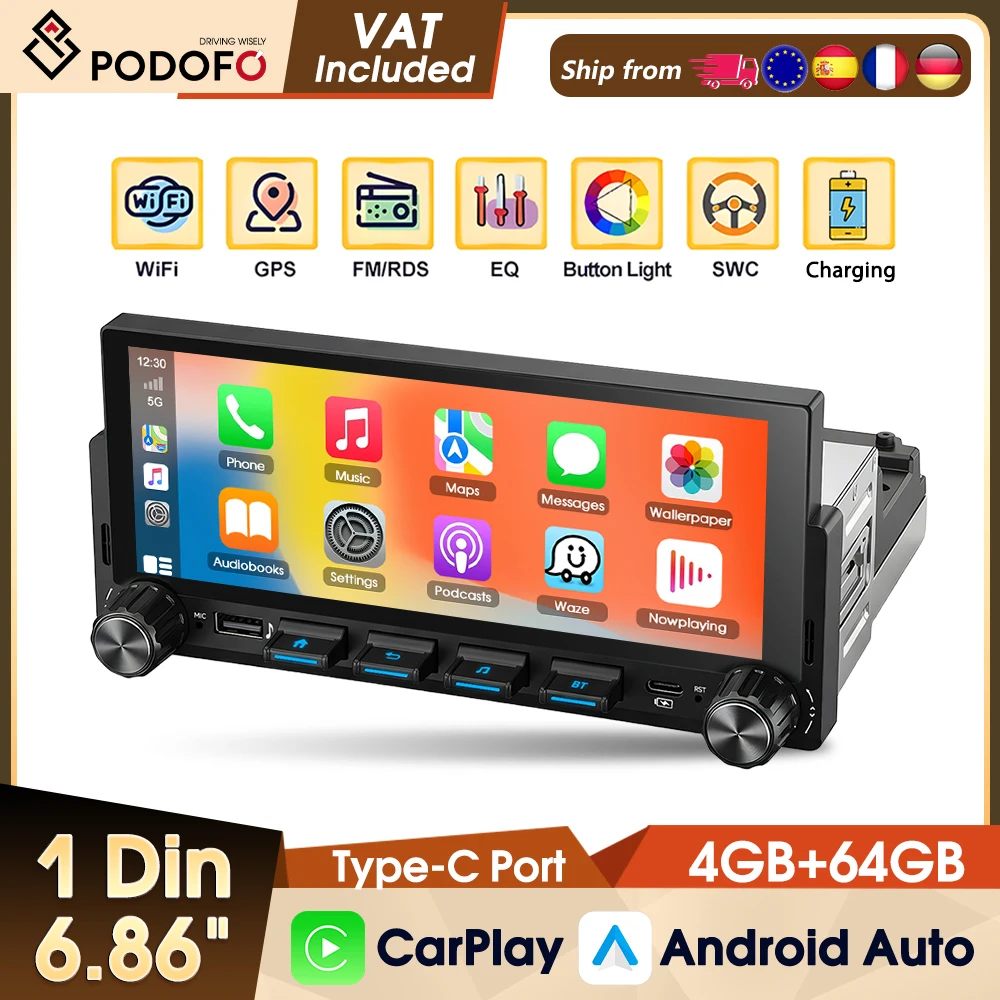 Radio para Auto Universal Podofo de 6.86 Pulgadas, 4+64G, Estéreo, CarPlay Inalámbrico, Android Auto, FM, RDS, WIFI, GPS, EQ, Pantalla IPS, Reproductor Multimedia para Auto
