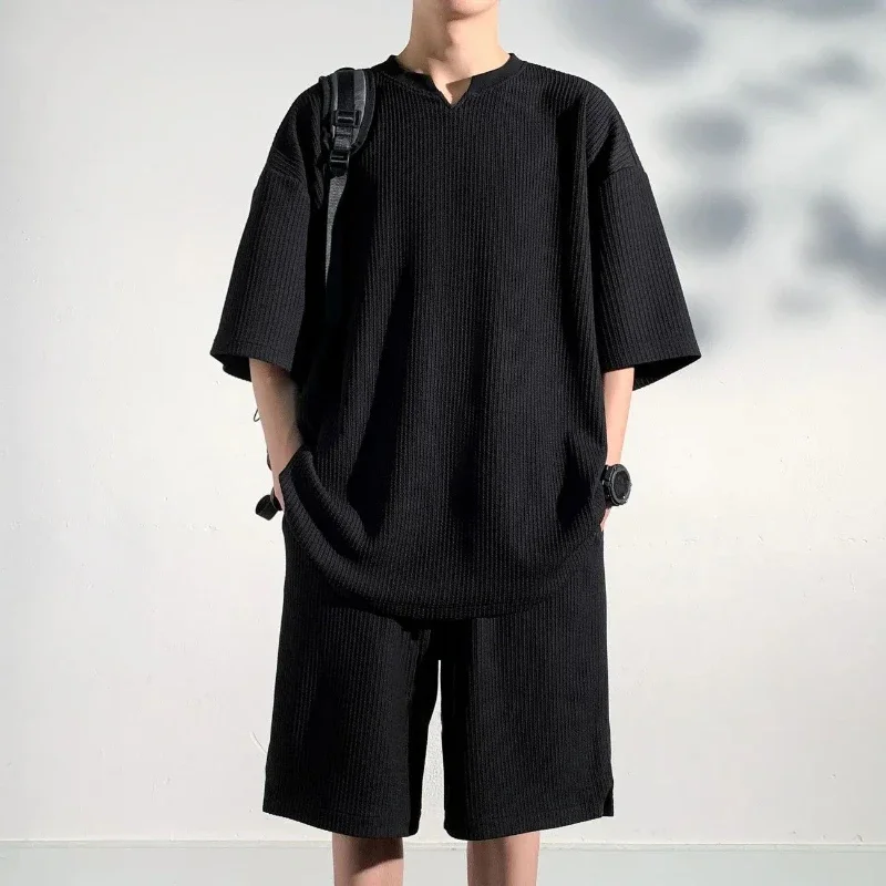 

Nylon Man Sets Plain Tracksuit Sweatshirts Sweatsuit Basic 2025 Trend Korean Two Piece Set Outdoor T-shirts Shorts Suits for Men