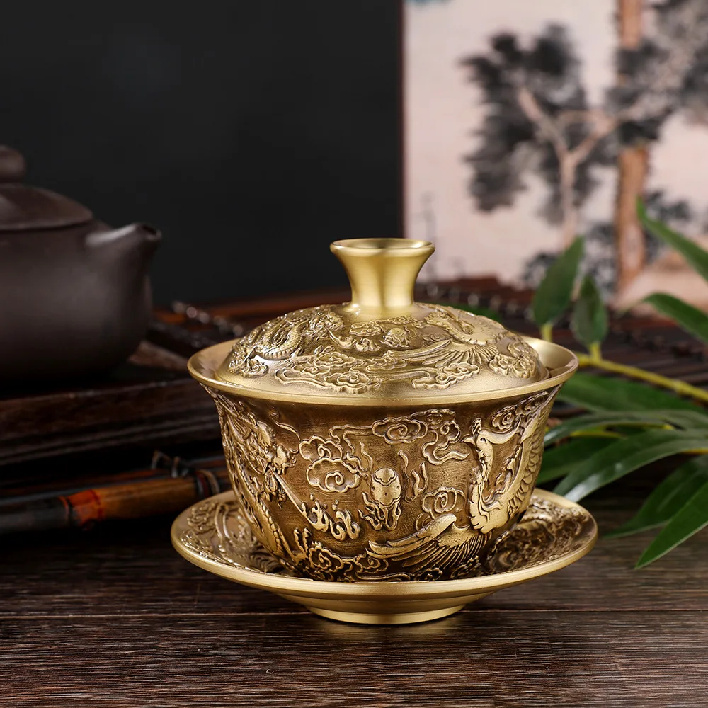 Brass creative tea set, Dragon and Phoenix Chengxiang tea bowl, Chinese tea cup, water supply bowl, handicraft, home decoration