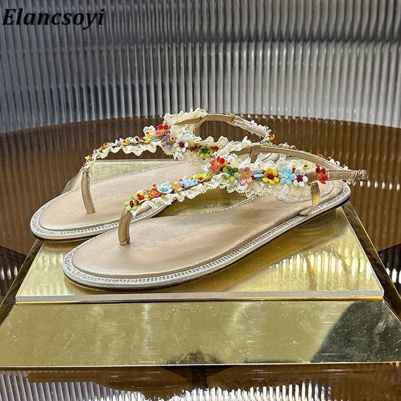 Sandals Summer Spite Toe Ankle Strap Flat  Bottom Gladiator Sandalias Women Rhinestone Flower Fairy Vacation Beach Shoes