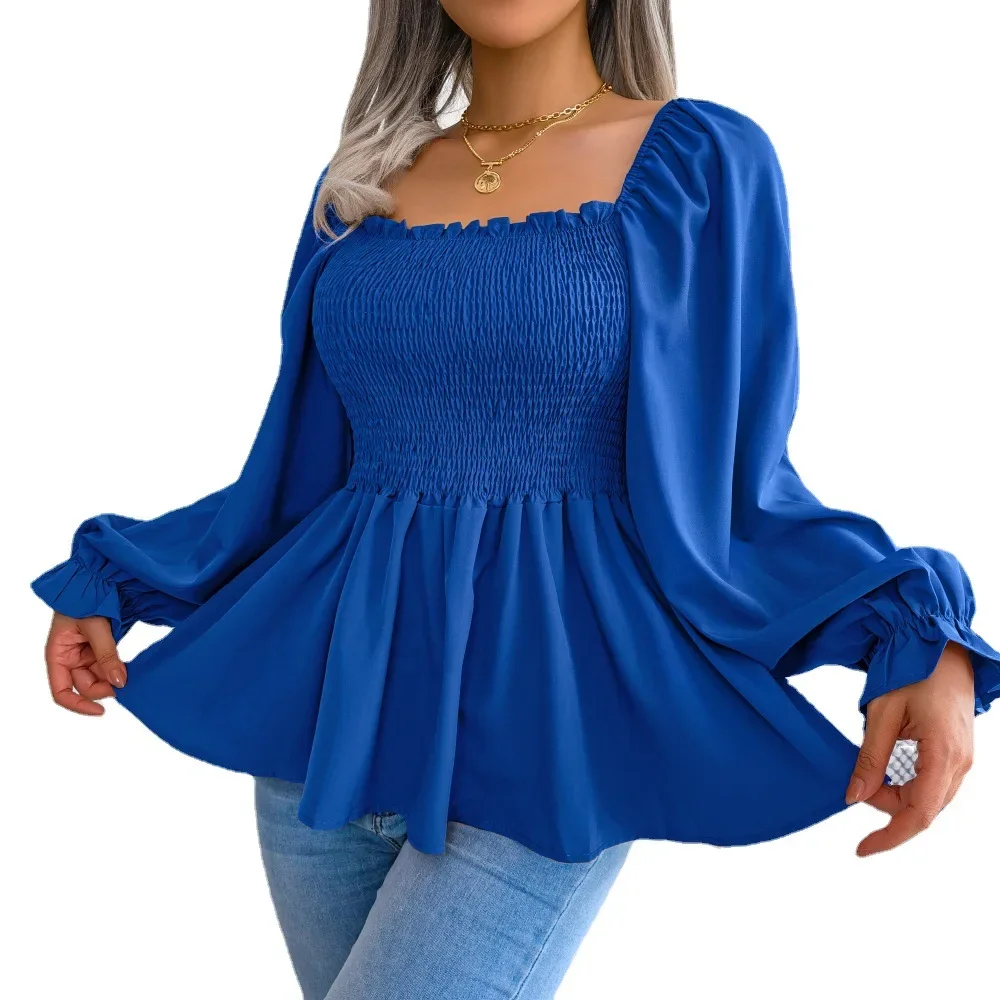 Women Chiffon Blouse Fashion Square Neck Bell Sleeve  Spring Summer Long Sleeve Casual Personality Shirt Ruffles Peplum Top
