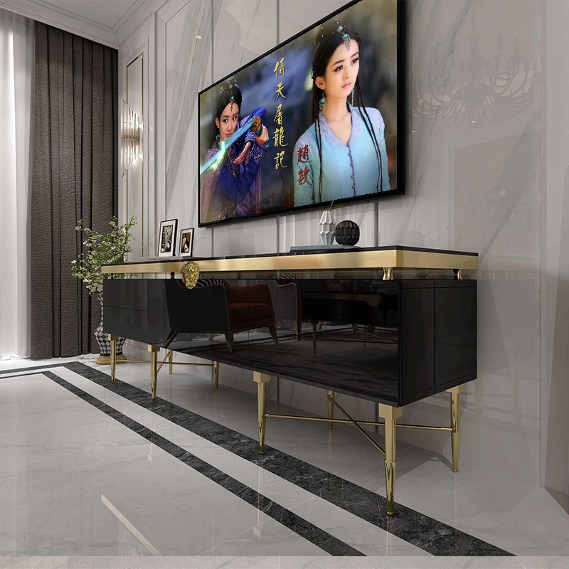 

Customizable Luxury TV Table with Gold Stainless Steel Base and Storage