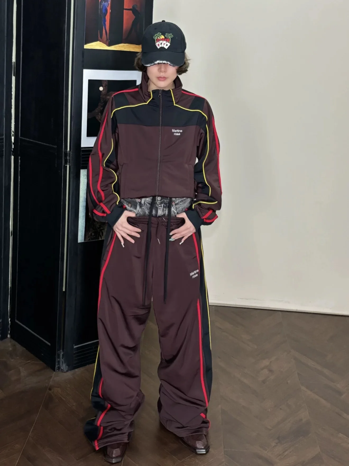 Martine Rose Brown Red Contrast Color Retro Sport School Uniform Pants Set Zipper Jacket Casual Leisure Sportswear for Men