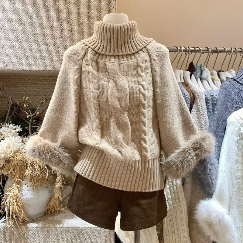 Deeptown Elegant Japanese Style Women Turtleneck Sweaters with Faux Fur Vintage Kawaii Lolita Jumpers Knitted Pullovers Loose
