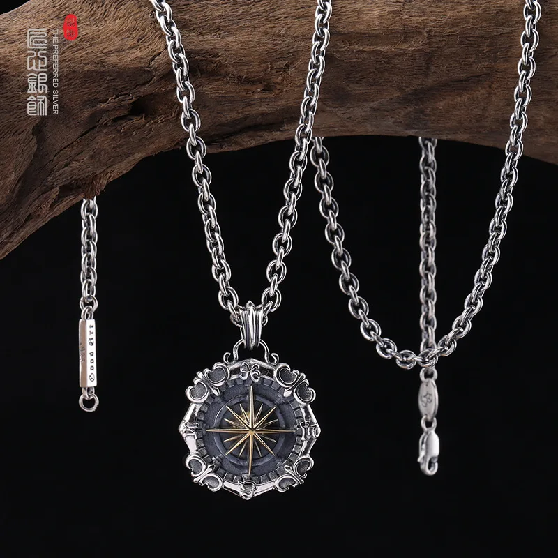 

S925 Sterling Silver Star Sea Compass Military Compass Pendant Hip Hop Boat Anchor Vintage Trendy Men's Personality Necklace