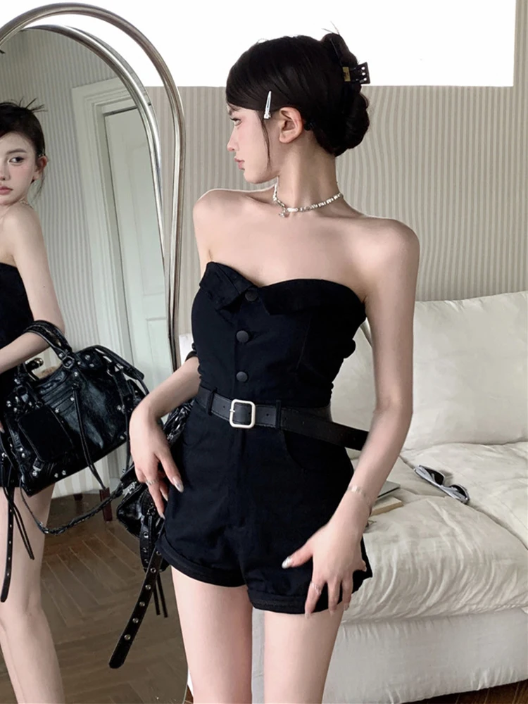 Rompers Women Sleeveless Denim Solid Sashes Elegant Retro Sexy Slim Streetwear Harajuku High Waist Females Chic Fashion Casual