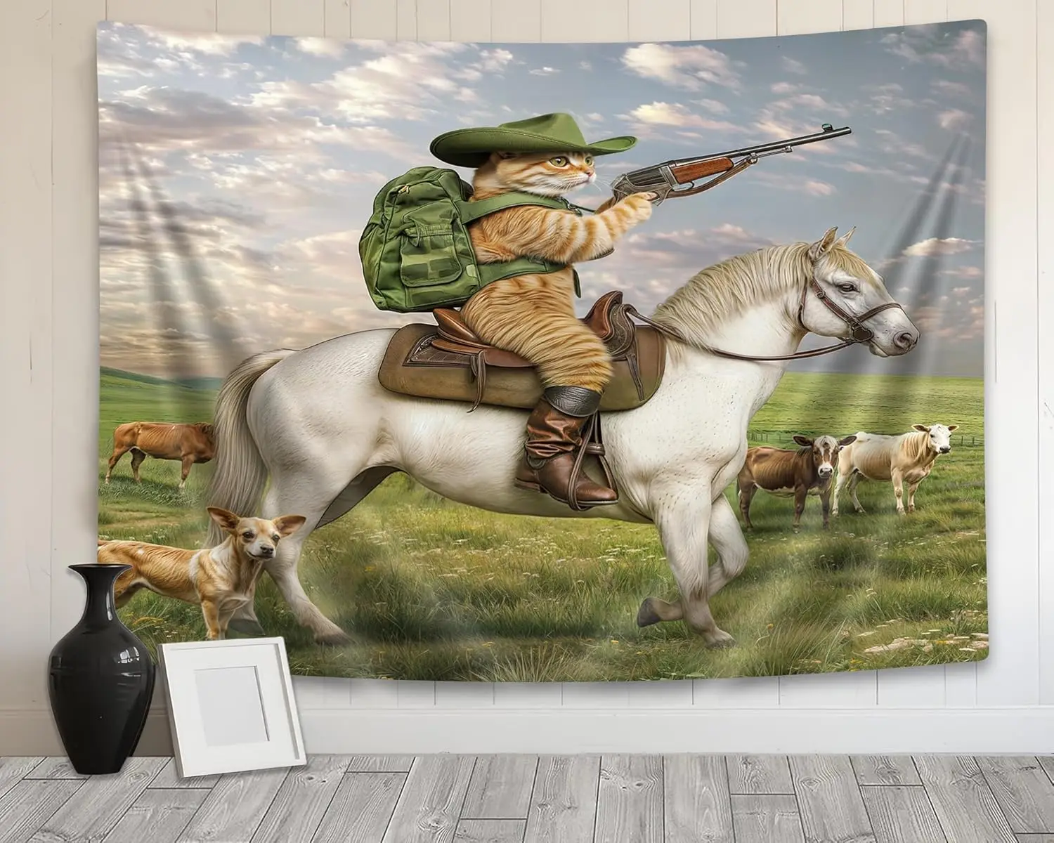 Funny Animals Tapestry,Cat Cowboy with Rifle Rides A Horse on Green Grass Ranch Cow Dog Wall Tapestry Hanging for Bedroom Living