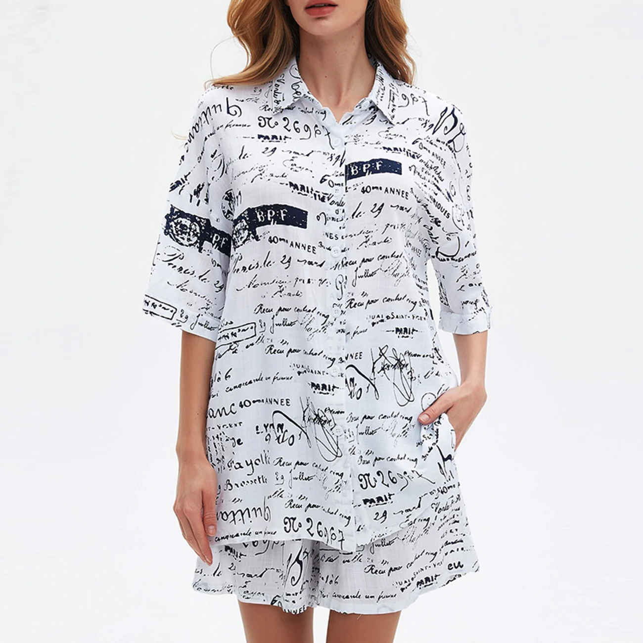 

WXOY Women Pajama 2 Pieces Set Loungewear Elegant Words Printing Short Sleeve Wrap Shirts Pants Loose V neck