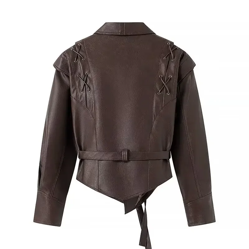 Female Street Leather Jacket 2024 Spring Women\'s Versatile Brown Long Sleeves V-neck Single Breasted Lace-up Causal Coats