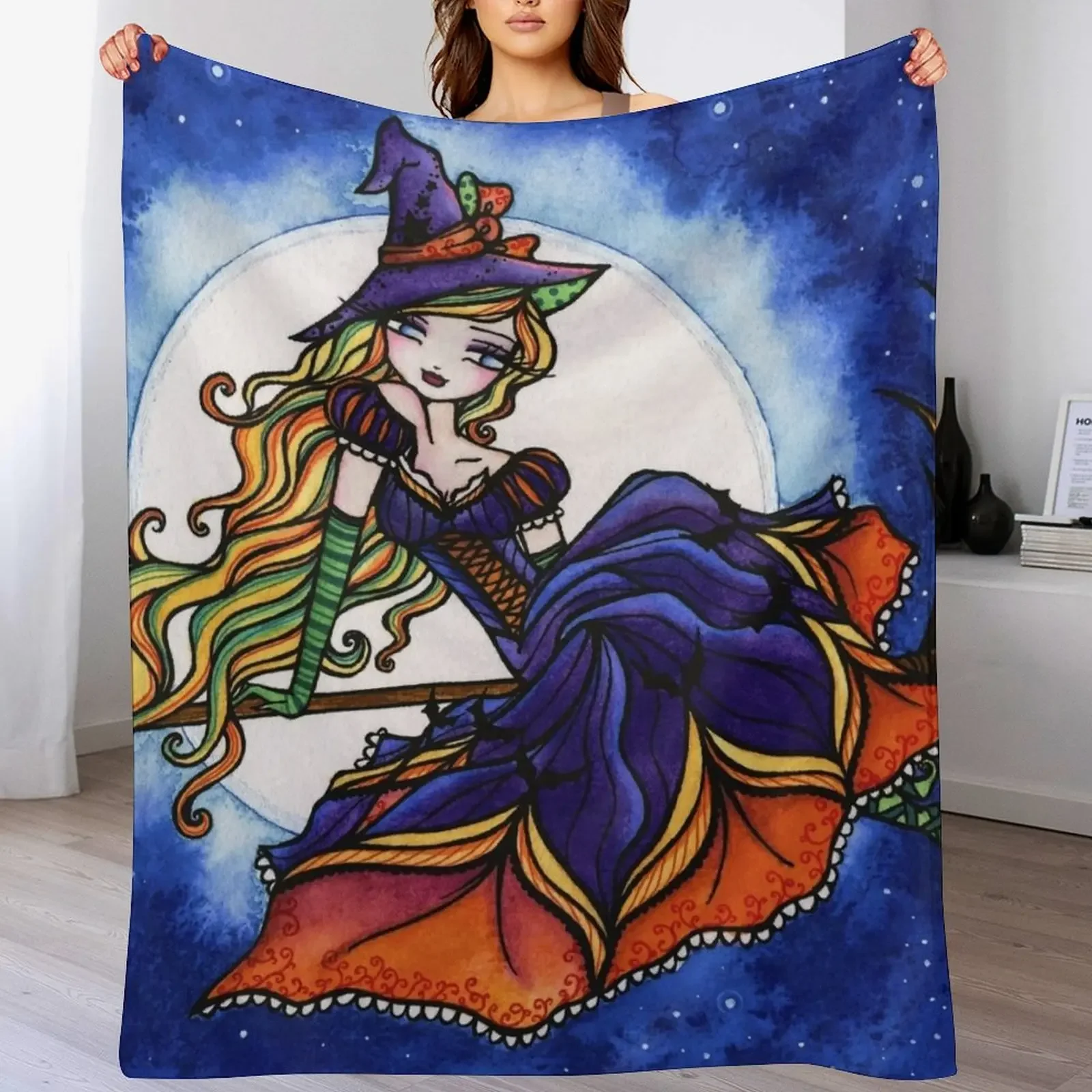 

Colorful Halloween Witch Night Sky Fantasy Art Throw Blanket All Weather Soft Throw Blanket for Sofa