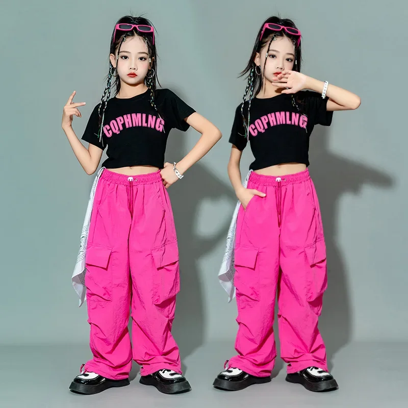 Mädchen Jazz Dance Kostüm Street Dance Hip Hop Brief Kurzarm + Cargo Hosen Kind Leistung Kostüm Üben Outfits