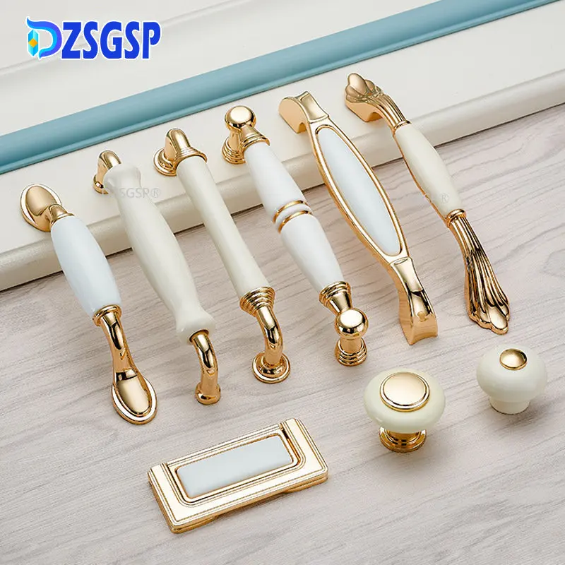 DZSGSP Light Luxury Cabinet Door Hardware Gold White Creamic Cabinet Handles Knobs Drawer Pulls Kitchen Door Handles Furniture