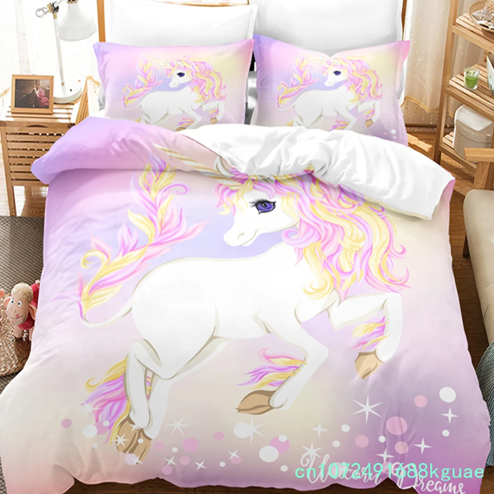 Girls Unicorn Flower Duvet Cover Cartoon Bedding Set Microfiber 3D Print Comforter Cover King Full For Kids Teen Bedroom Decor 5