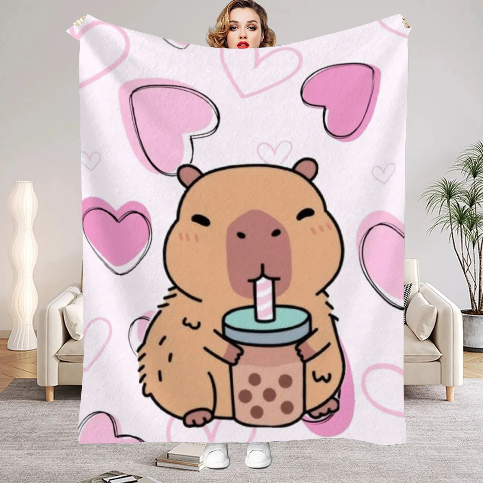 1Pc Pink Digital Printed Capybara Style Flannel Blanket Mattress Cover Blanket for Family Beds,Sofas,Offices,Outdoor Camping