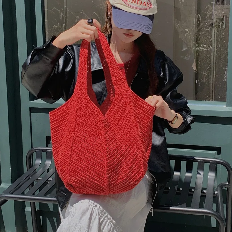 

Korean Retro Ins Shoulder Knitting Bag New Holiday Casual Beach Bag Crochet Bag Tote Bag