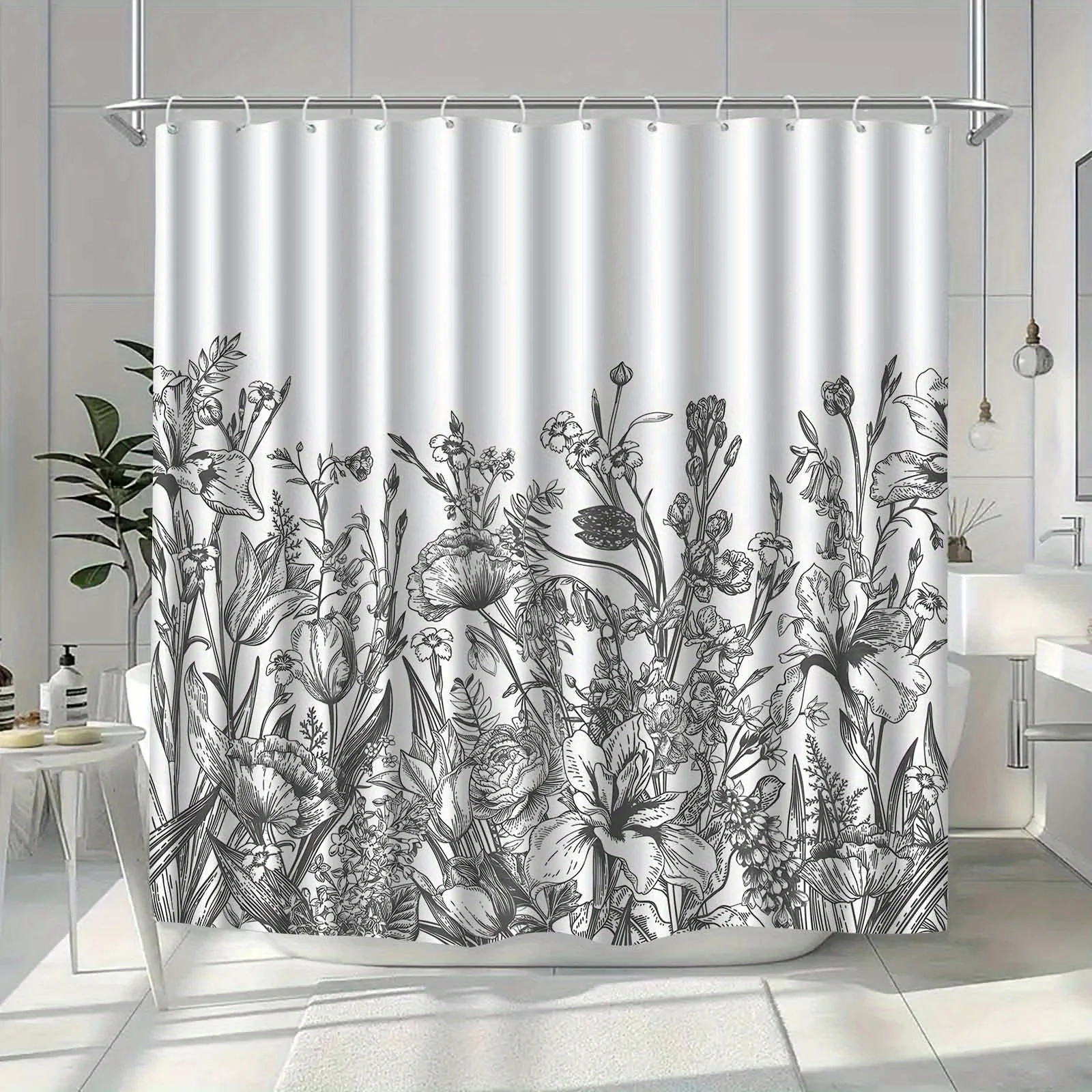 

1pc Black and white botanical patterned shower curtain, made of polyester, machine washable, suitable for bathroom décor.