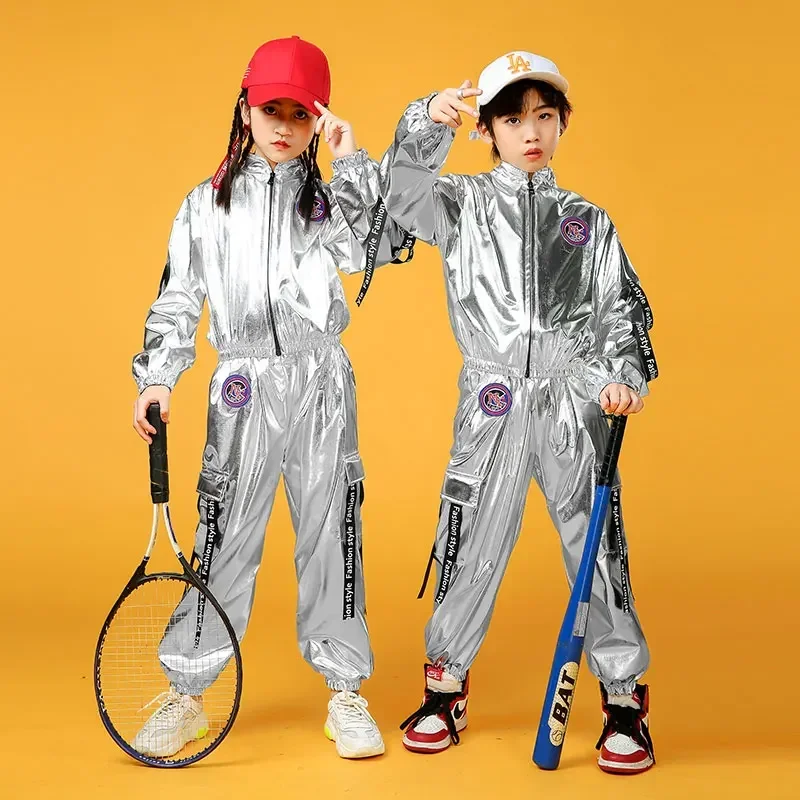 

Children Hip-hop Astronaut Space Suits Boys Drums Clothing Set Girls Silver Jazz Dance Costumes Girl Rave Stage Costume
