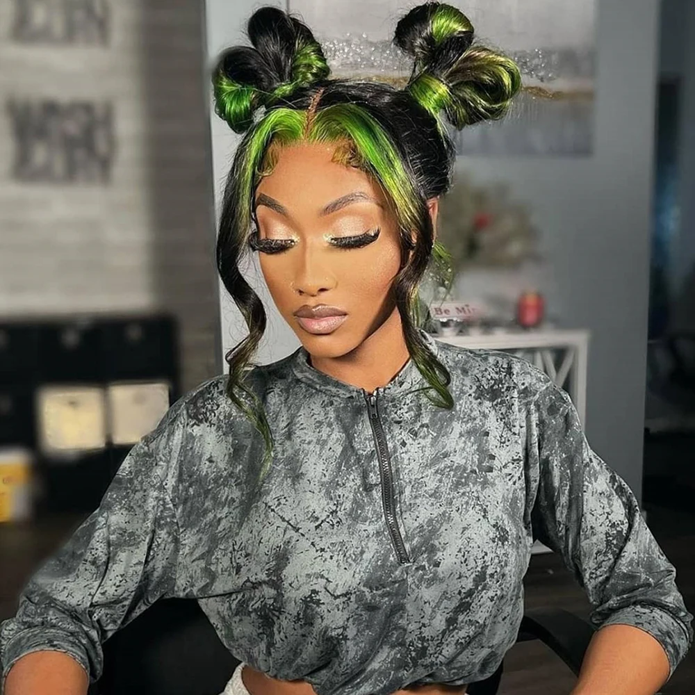 Black and Green Highlight Body Wave Human Hair Lace Frontal Wig, 13x4 13x6, Ombre, Pre-Plucked