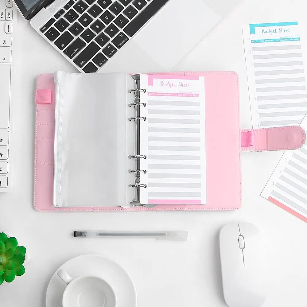 A6 Budget Binder 6 Ring Notebook with Binder Pockets, Expense Budget Sheets, Letter Sticker Labels, Saving Cash Envelopes System