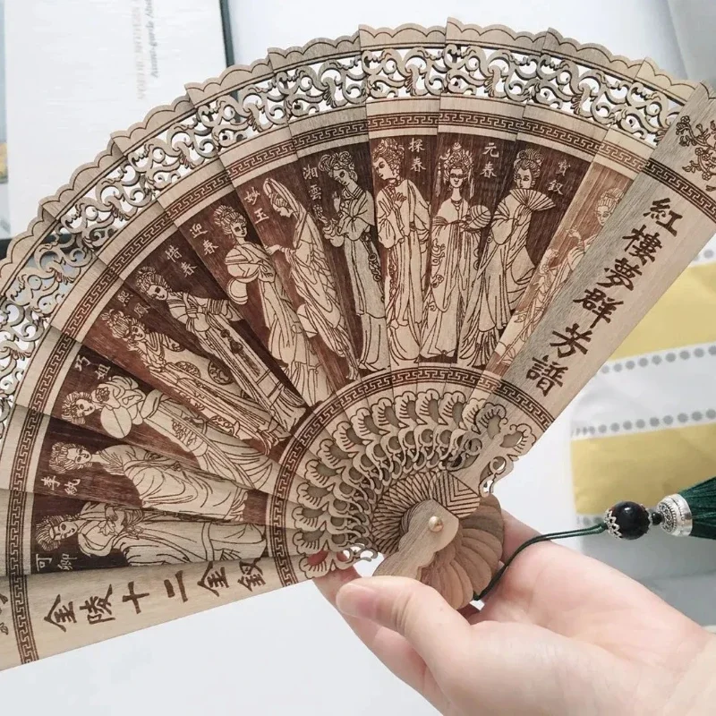 Home Decoration Crafts Gold Silk Nanmu Fan Hollow Carving Flower Exquisite Folding Fan Decorative Display Piece