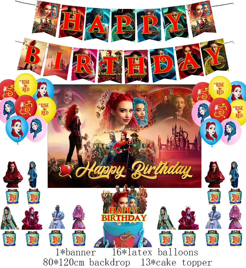 New Disney Descendants Birthday Party Decoration Balloon Disposable Tableware Backdrop Banner Cake Topper Baby Shower