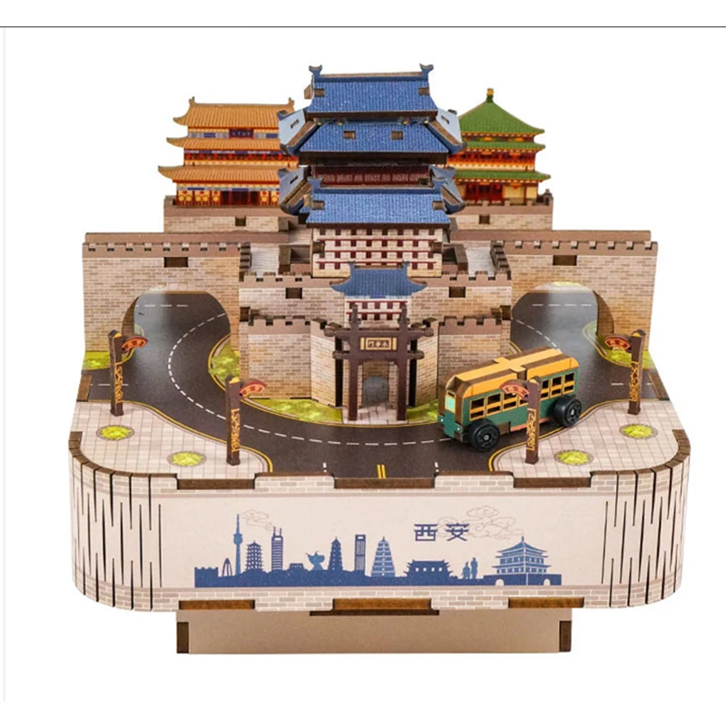 DIY 3D Wooden Chinese Ancient Town Music Box Miniature Model Kits Jigsaw Puzzles With Light Can Move for Friend Birthday Gifts