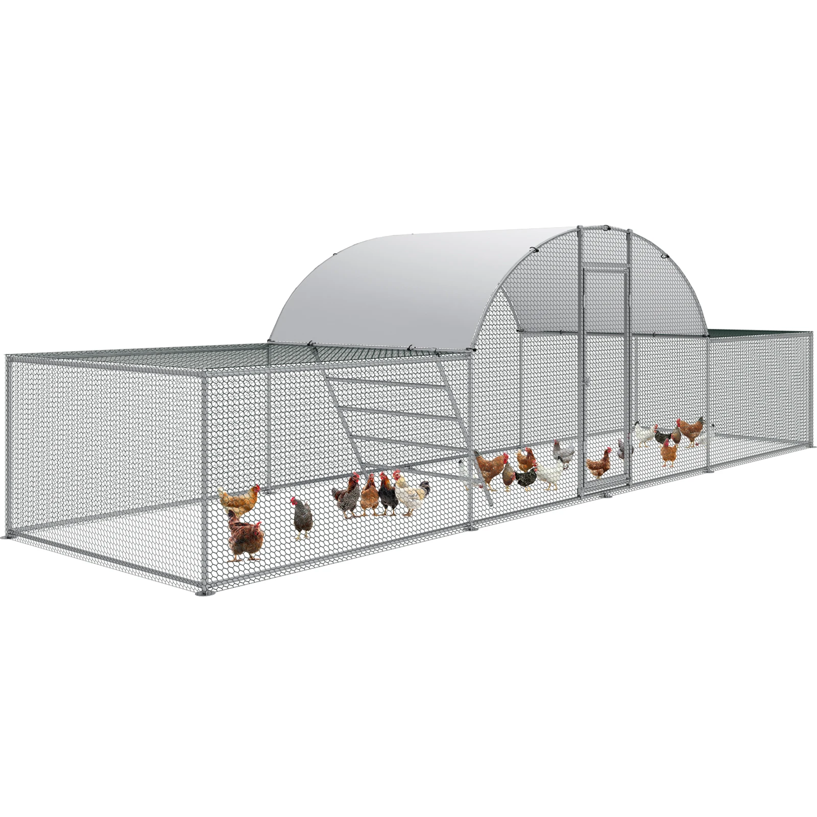 23ft Metal Chicken Coop 3-Room Dome-Roof Poultry Pen Large Hen Run Enclosure Walk-in Galvanized Duck Rabbit Cage House