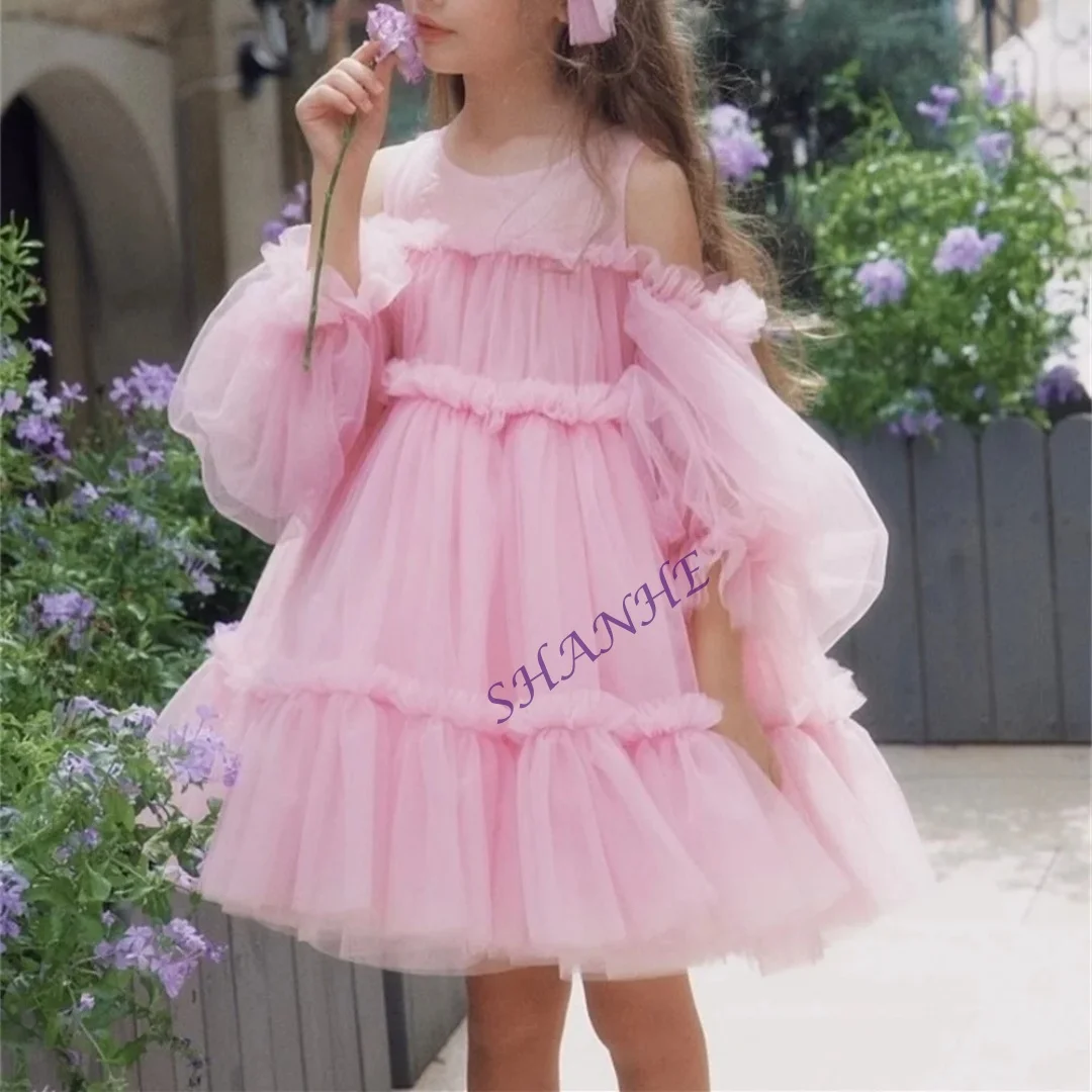 Sukienki dla dziewczynek na wesele, imprezę, bal, z różowymi kwiatami, tiulowe, z możliwością personalizacji.