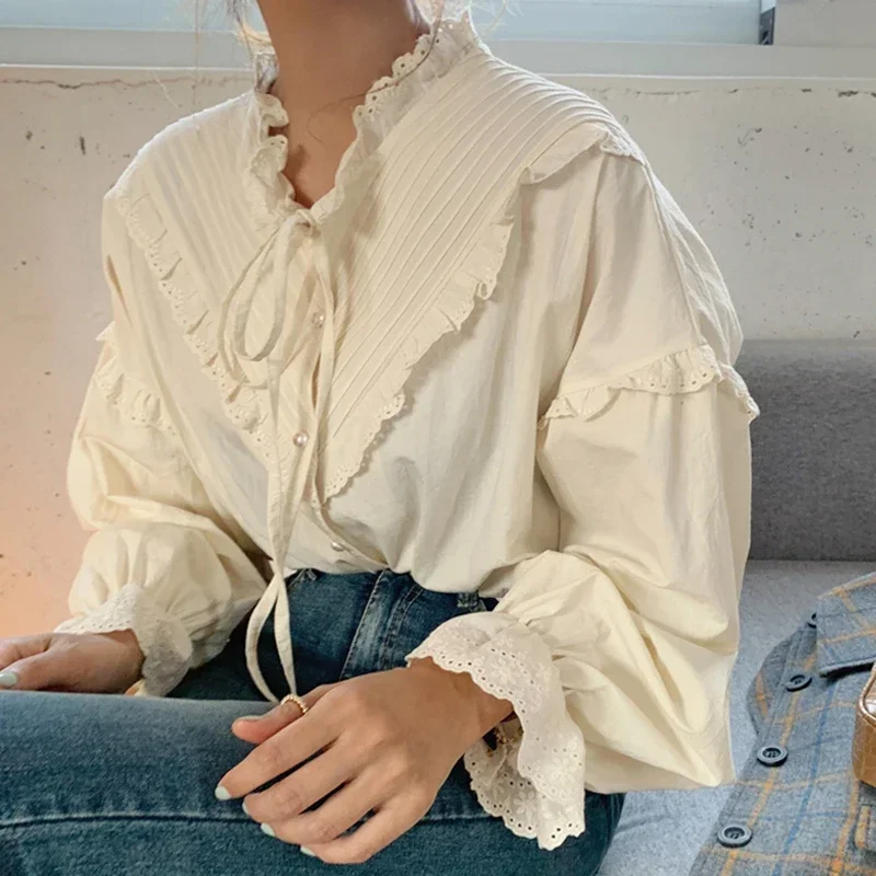 Vintage Casual Elegant Tops 2024 New Women Hollow Out Women Shirts Solid Long Sleeve Korean Style Bow Loose Blouses Blusas 9580