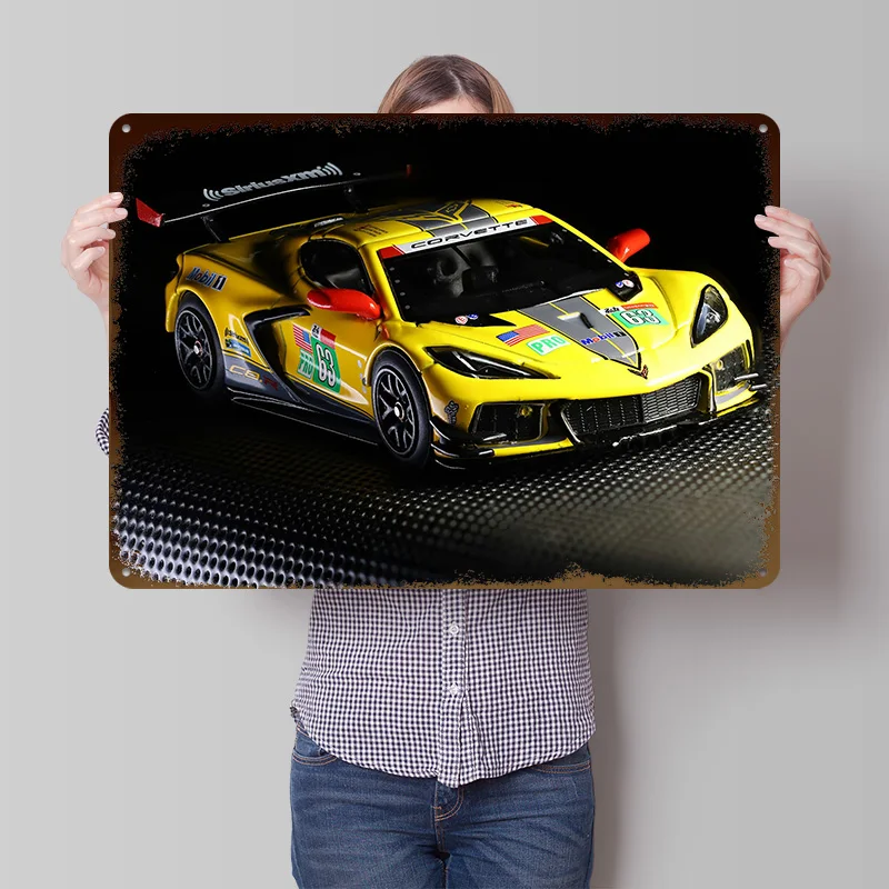 Yellow Corvette C8.R Race Car Model Metal Poster Customized Wall Art Retro Vintage Tinplate Signs for Home Decor Items House