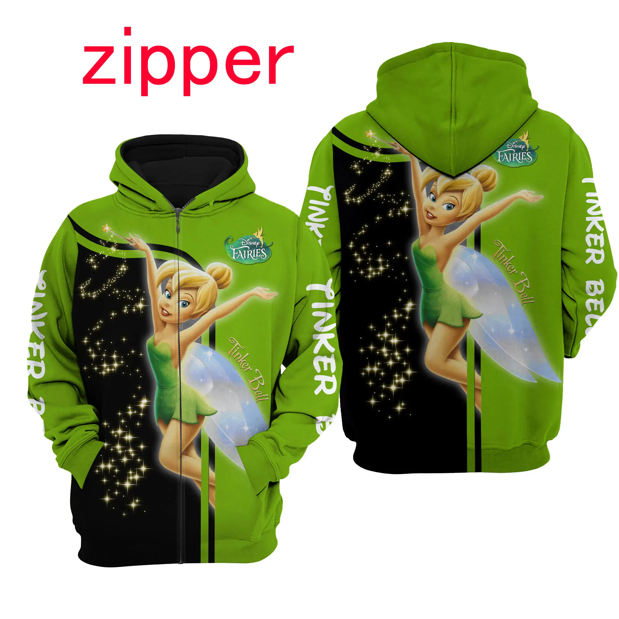 Spring and Autumn 3D Printing Tinker Bell New Men\'s Pullover Women\'s and Children\'s Cosplay Large Fashion Zipper Hoodie