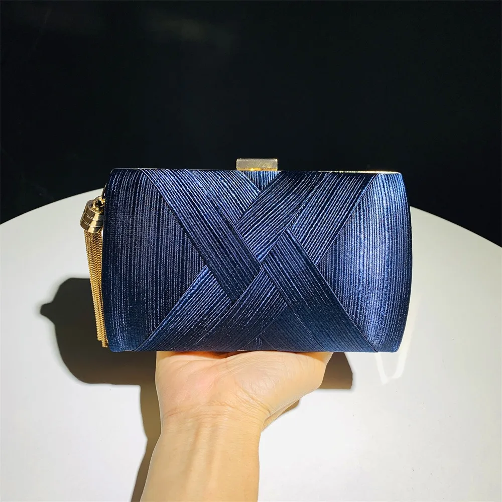 Fashion Luxury Silk Fabric Dinner Handbag Tassel Elegant Evening Banquet Bag Chain Square Bridal Clutch Bag Ladies