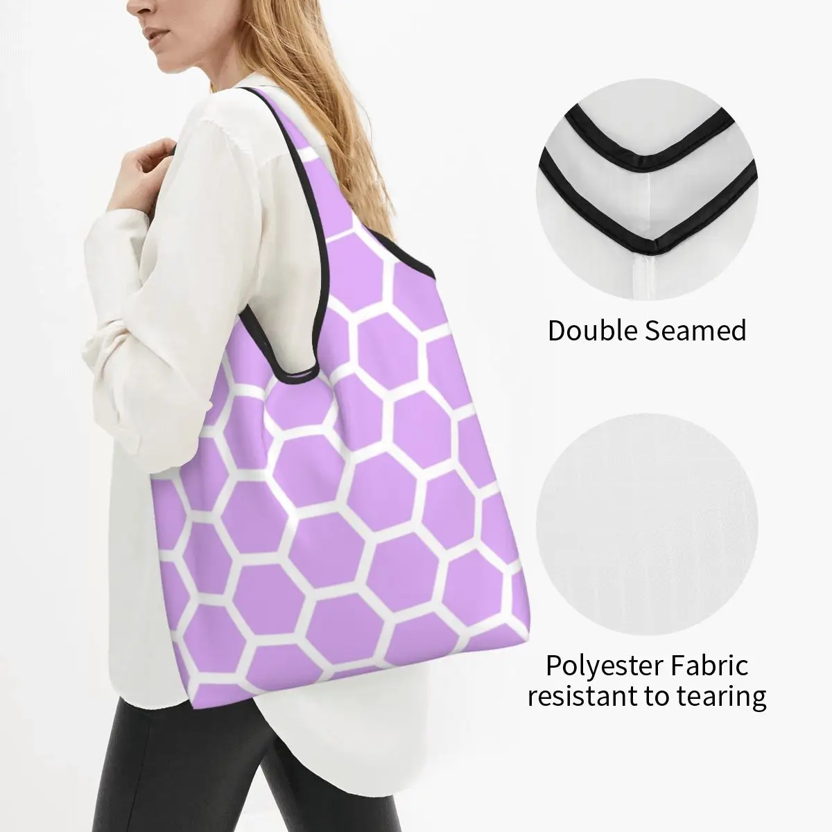 Hexagons Lilac Honeycomb Pattern Shopping Bag Portable Big Capacity Grocery Geometric Mid Century Modern Shopper Tote Bags