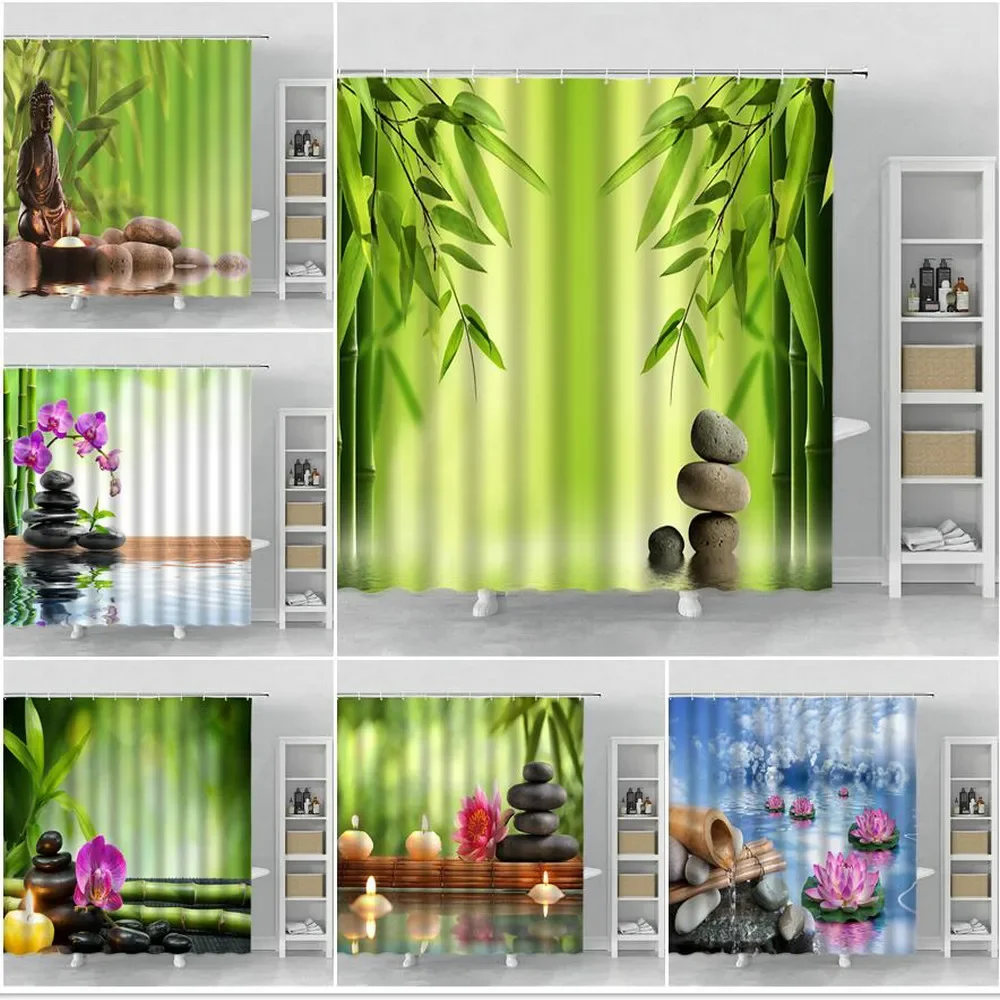 Zen Garden Shower Curtain Spa Green Bamboo Black Stone White Flower Bathroom Decor Supplies Bath Curtains Sets Polyester Fabric