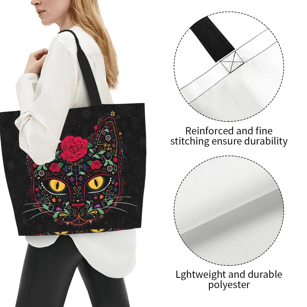 Day Of The Kitten Cat Grocery Shopping Bag Cute Printed Canvas Shopper Tote Shoulder Bag Big Capacity Mexican Floral Handbag