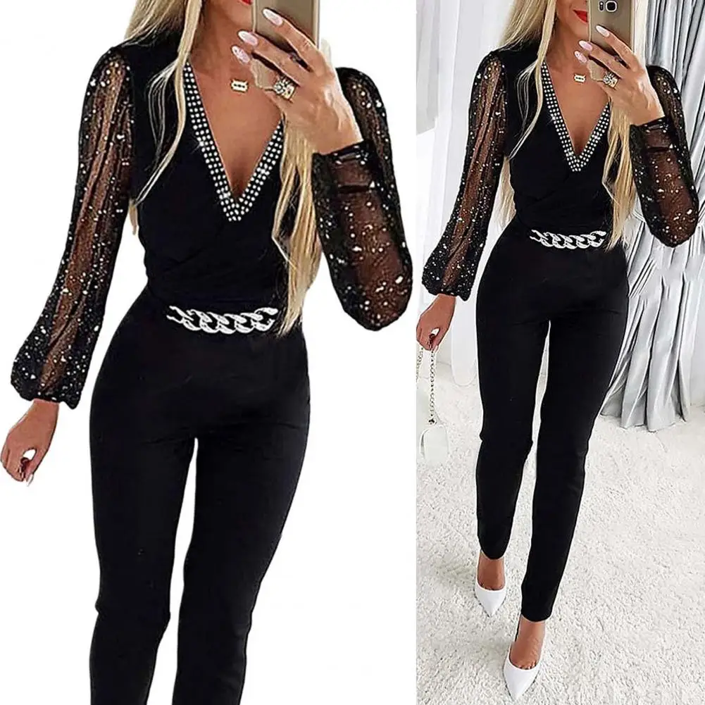 

Women Jumpsuit Rhinestone See-through Mesh Chain Decor Outfit Slim Fit Bodysuits Solid Color Formal Commute Style Long Jumpsuit