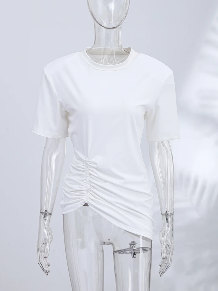 Damen Freizeitkleidung für Pendlerinnen Trendiges Minimalistisches Weißes T-Shirt mit Schulterpolstern Bequemes Oversize-Rundhals-Kurzarm-Oberteil – Detail 2
